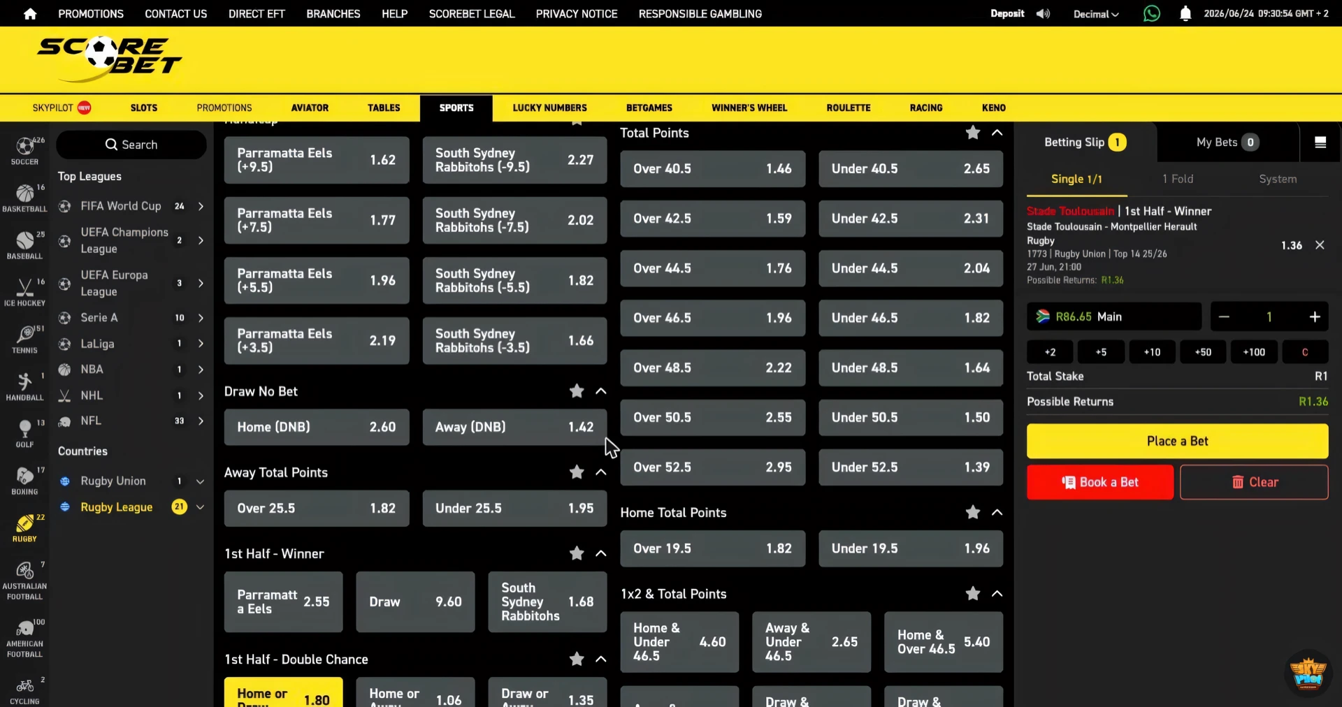 Scorebet rugby Draw No Bet market with Home and Away selections