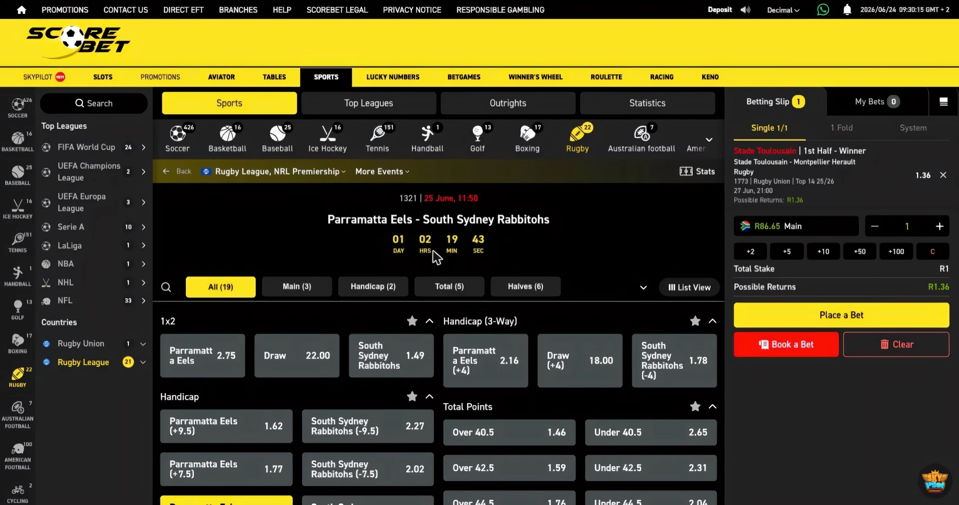 Scorebet rugby handicap market showing multiple points lines for both teams