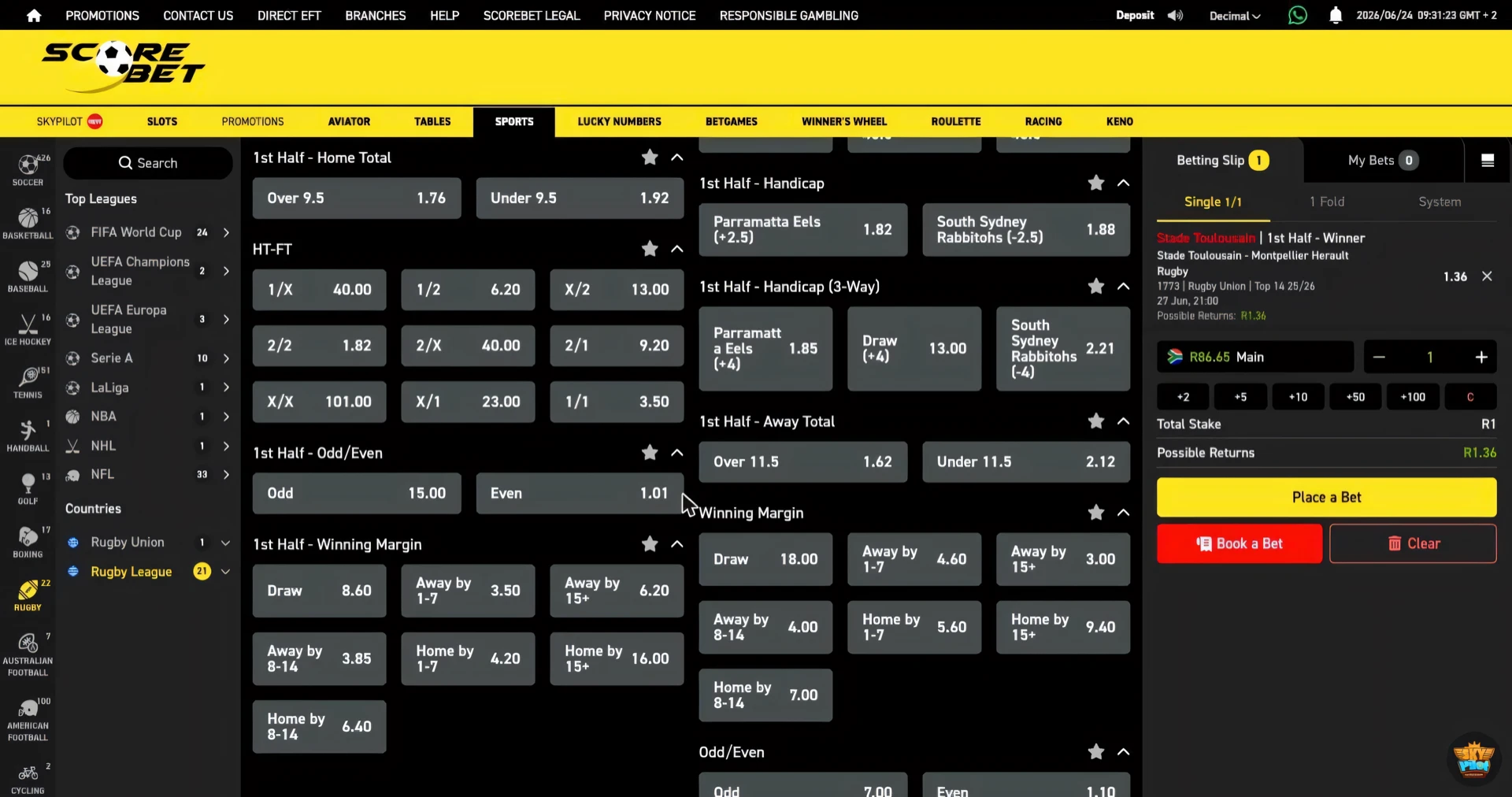 Scorebet rugby winning margin market showing points bands for both teams