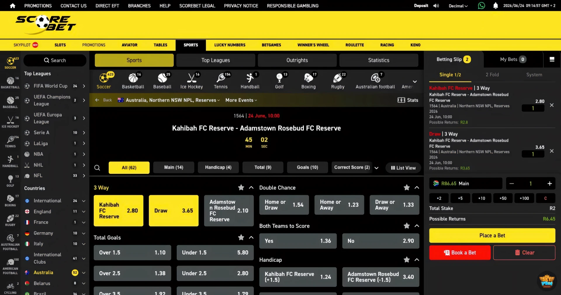 Scorebet soccer 3 Way market showing Home Draw and Away odds buttons