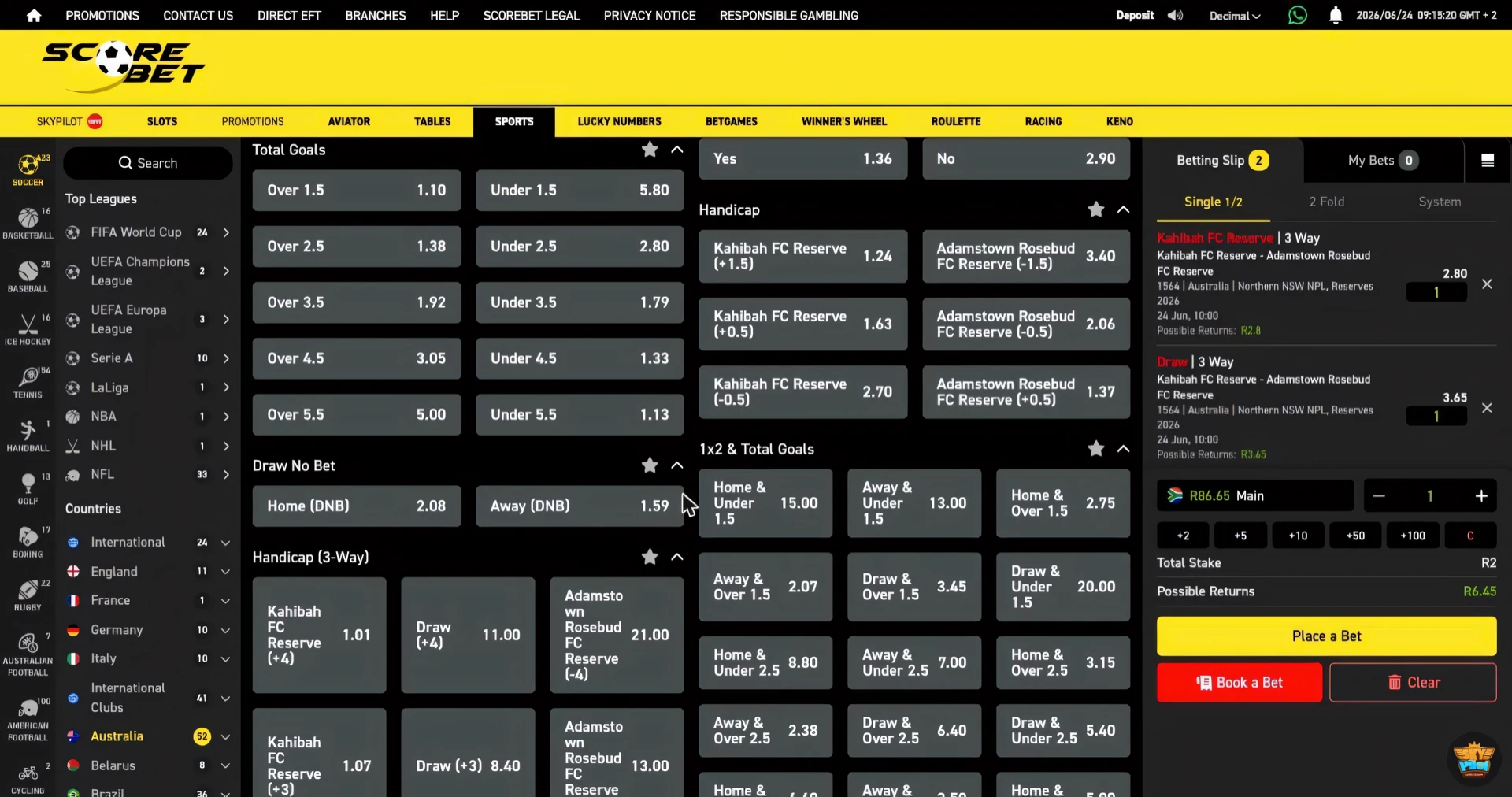 Scorebet soccer Draw No Bet market with Home DNB and Away DNB buttons