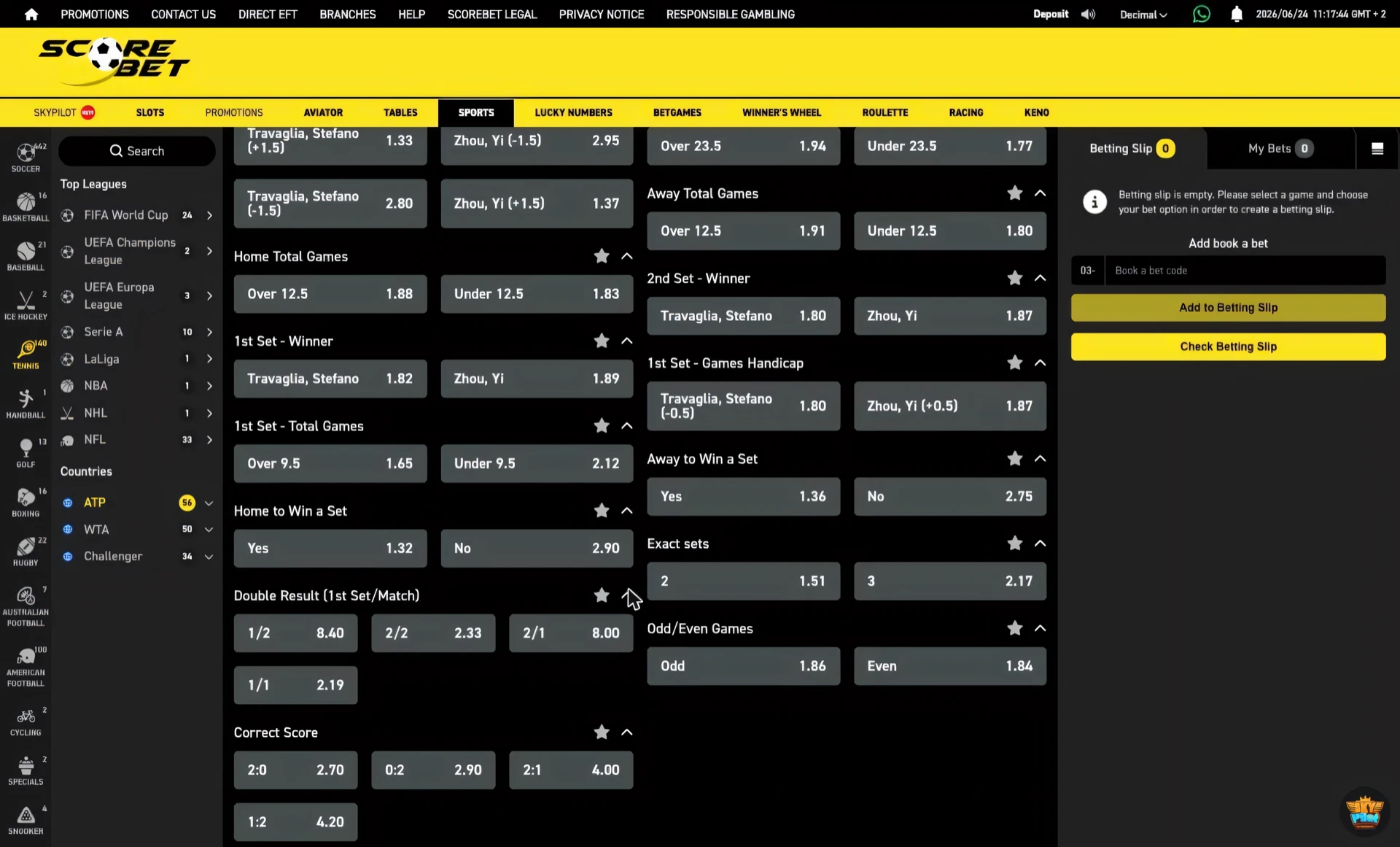 Scorebet tennis exact sets and odd even games market with prices